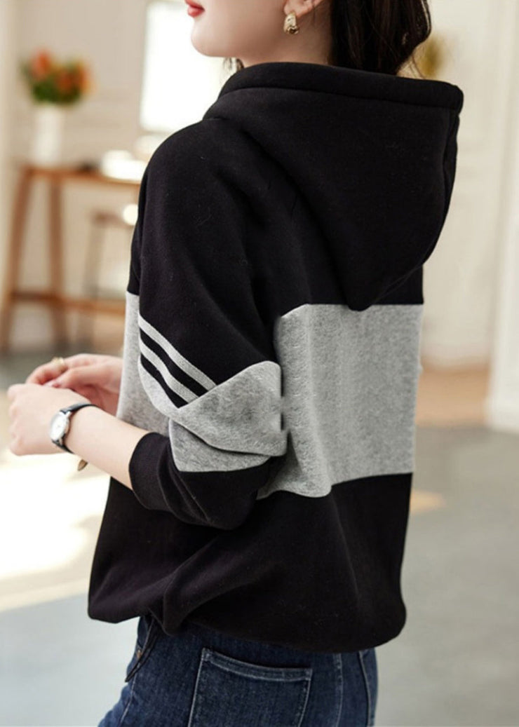 Loose Black Hooded Patchwork Cotton Sweatshirt Tops Fall