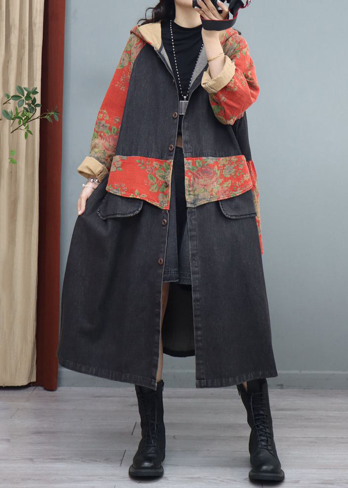 Loose Black Hooded Pockets Patchwork Denim Long Coats Fall