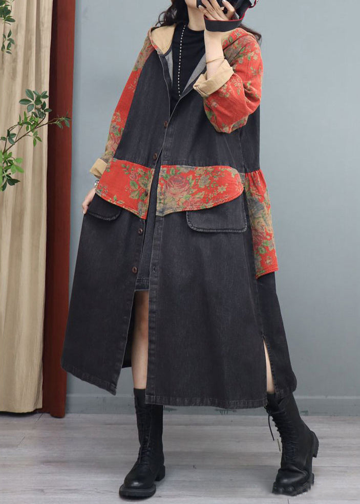 Loose Black Hooded Pockets Patchwork Denim Long Coats Fall