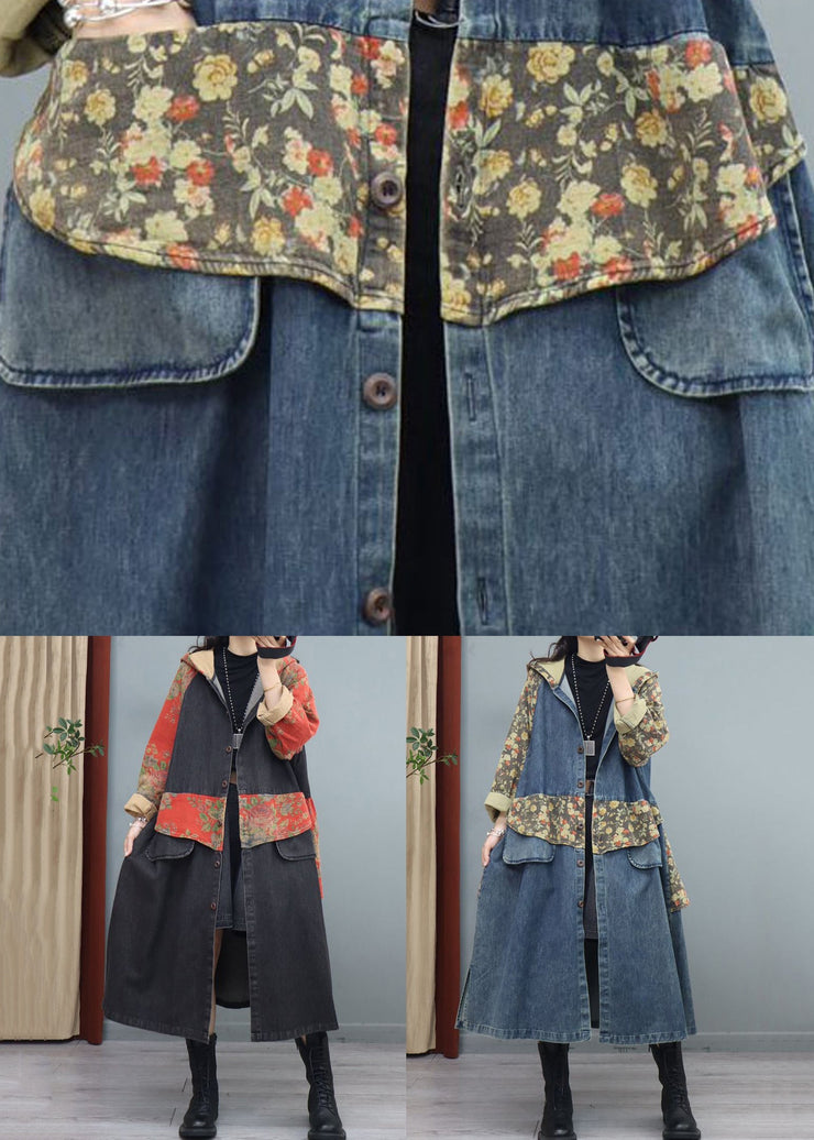 Loose Black Hooded Pockets Patchwork Denim Long Coats Fall