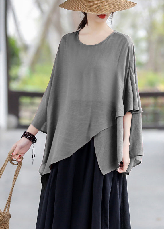 Loose Black O Neck Asymmetrical Cotton T Shirt Tops Summer