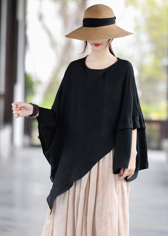 Loose Black O Neck Asymmetrical Cotton T Shirt Tops Summer