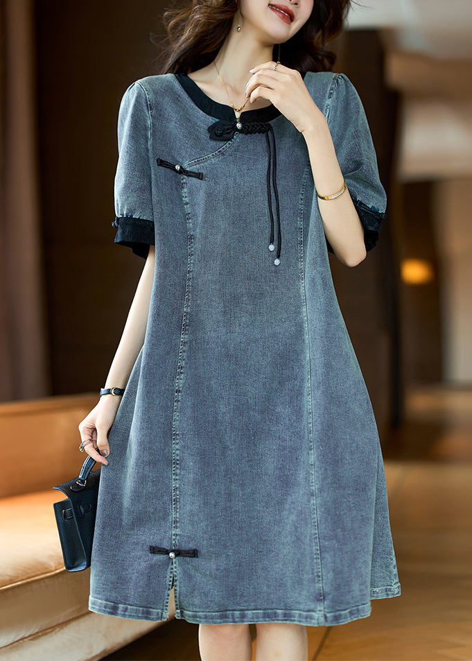 Loose Black O Neck Button Patchwork Denim Dress Summer