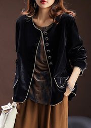 Loose Black O Neck Button Patchwork Silk Velour Coats Spring