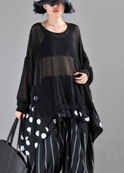 Loose Black O-Neck Dot Print Patchwork Knit Cotton Top Long Sleeve