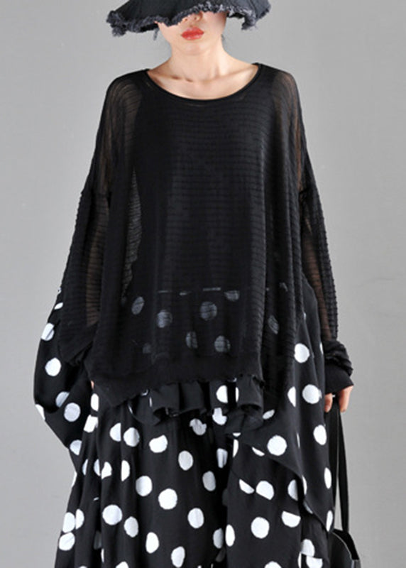 Loose Black O-Neck Dot Print Patchwork Knit Cotton Top Long Sleeve