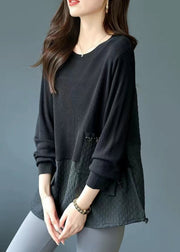 Loose Black O Neck Drawstring Knit Patchwork Top Fall