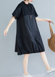 Loose Black O Neck Drawstring Patchwork Cotton Dresses Summer