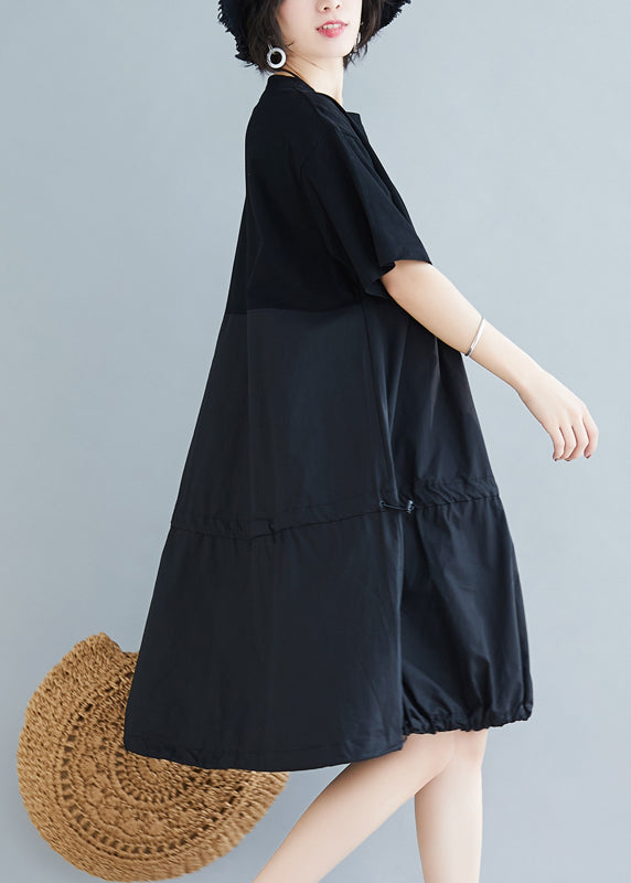 Loose Black O Neck Drawstring Patchwork Cotton Dresses Summer