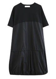 Loose Black O Neck Drawstring Patchwork Cotton Dresses Summer