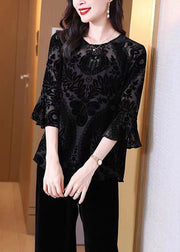 Loose Black O Neck Embroideried Patchwork Silk Velour Lantern Sleeve