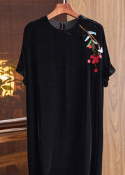 Loose Black O Neck Embroideried Silk Velour Dresses Fall