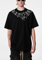 Loose Black O Neck Pearl Solid Cotton Men's T Shirts Short Sleeve