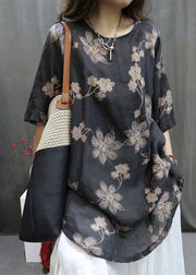 Loose Black O-Neck Print Linen Shirts Half Sleeve