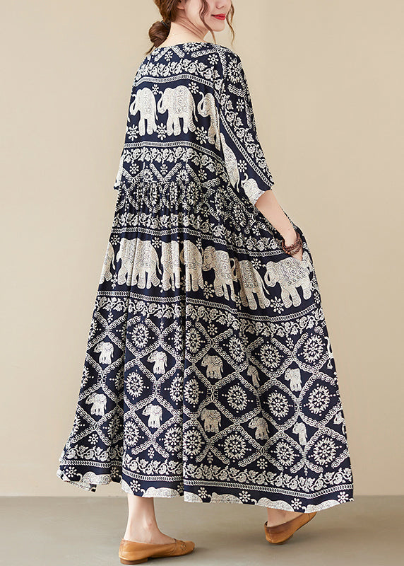 Loose Black O-Neck Print Maxi Dress Half Sleeve