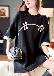 Loose Black O Neck Print Patchwork Cotton T Shirt Half Sleeve