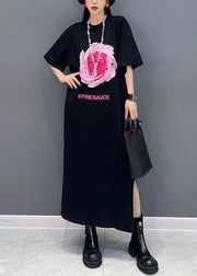 Loose Black O Neck Print Side Open Cotton T Shirt Dresses Summer