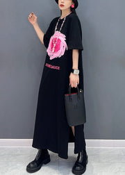 Loose Black O Neck Print Side Open Cotton T Shirt Dresses Summer