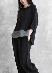 Loose Black O-Neck Side Open Linen Top And Wide Leg Pants Two Pieces Set Long Sleeve