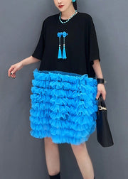 Loose Black O Neck Tulle Patchwork T Shirt Dresses Summer