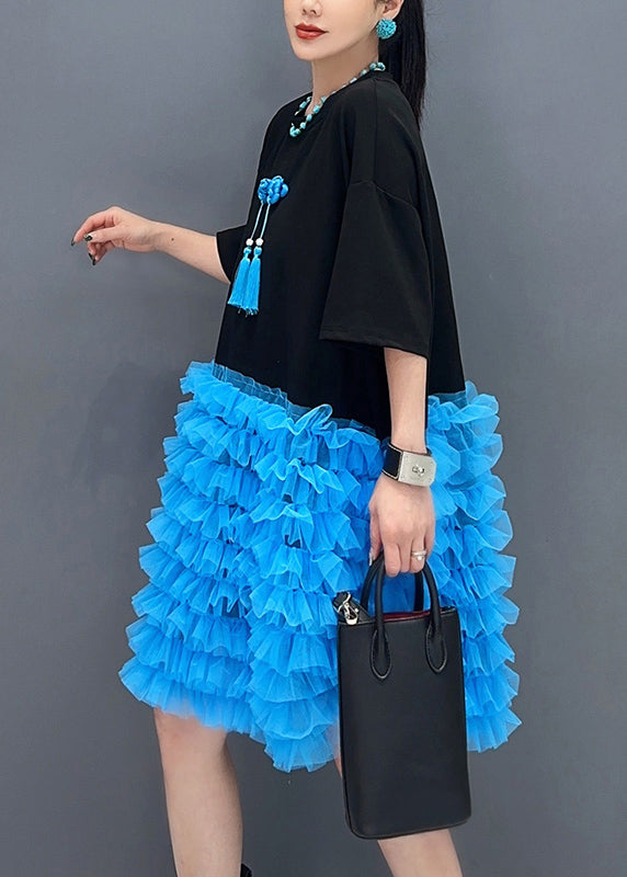 Loose Black O Neck Tulle Patchwork T Shirt Dresses Summer