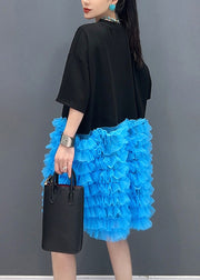 Loose Black O Neck Tulle Patchwork T Shirt Dresses Summer