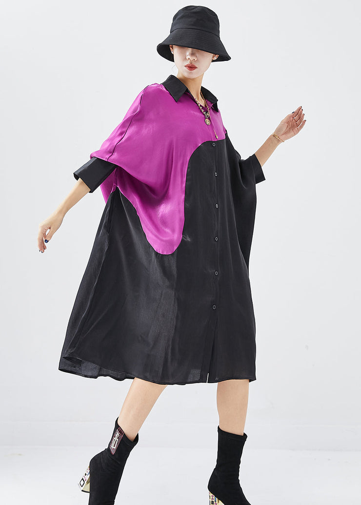 Loose Black Oversized Patchwork Silk Ankle Dress Batwing Sleeve