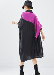 Loose Black Oversized Patchwork Silk Ankle Dress Batwing Sleeve