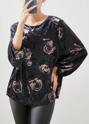 Loose Black Oversized Rose Print Silk Velour Shirts Fall