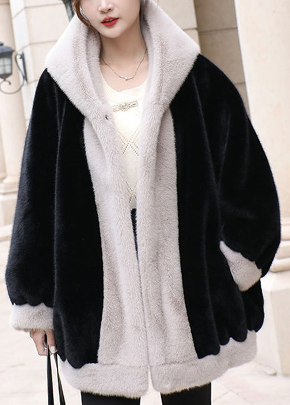 Loose Black Patchwork Button Hooded Coat Winter