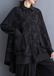 Loose Black Peter Pan Collar Asymmetrical Jacquard Cotton Shirts Long Sleeve