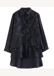 Loose Black Peter Pan Collar Asymmetrical Jacquard Cotton Shirts Long Sleeve