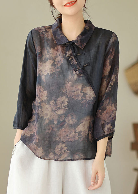 Loose Black Peter Pan Collar Button Print Linen Shirts Spring