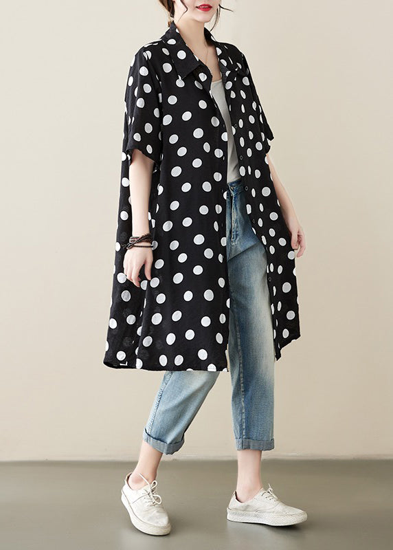 Loose Black Peter Pan Collar Dot Print Cotton Shirts Dress Summer