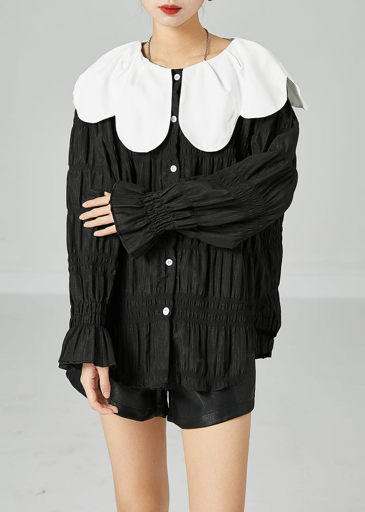 Loose Black Peter Pan Collar Patchwork Wrinkled Silk Shirt Top Spring