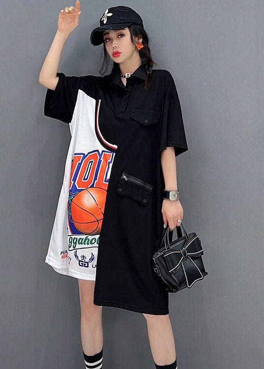 Loose Black Peter Pan Collar Print Asymmetrical Patchwork Zippered Pockets Shirt Short Sleeve