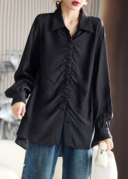 Loose Black Peter Pan Collar Wrinkled Cotton Shirt Spring