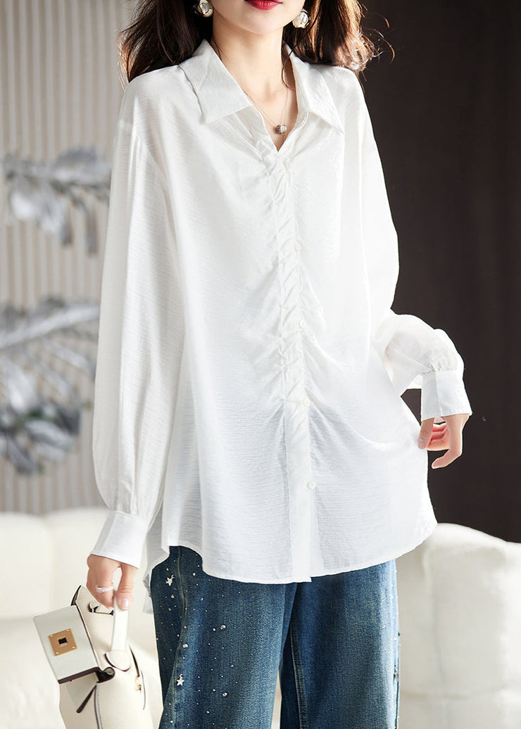 Loose Black Peter Pan Collar Wrinkled Cotton Shirt Spring