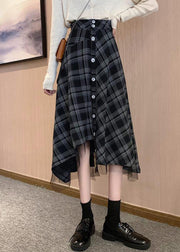 Loose Black Plaid Asymmetrical Design Button Cotton Skirts Summer