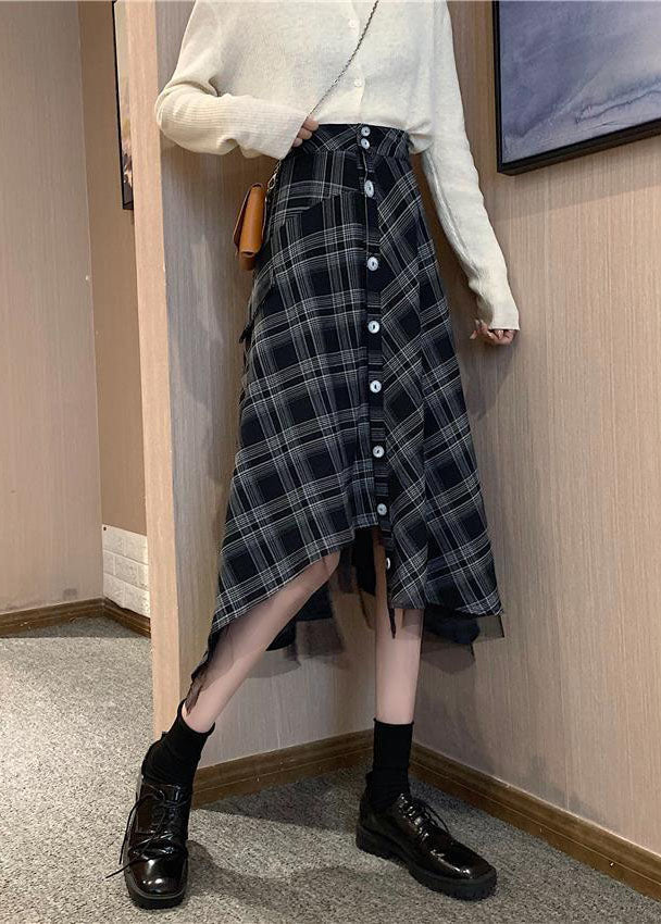 Loose Black Plaid Asymmetrical Design Button Cotton Skirts Summer