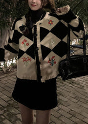 Loose Black Plaid Embroidered Button Knit Coats Fall