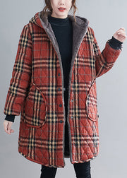 Loose Black Plaid Hooded Pockets Warm Fleece Parka Winter