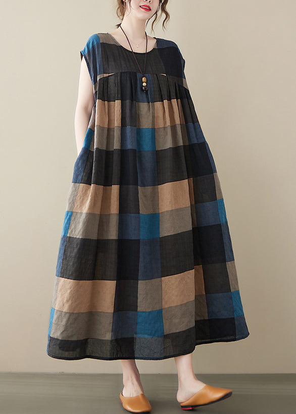 Loose Black Plaid O Neck Pockets Cotton Long Dresses Sleeveless