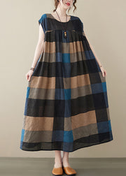 Loose Black Plaid O Neck Pockets Cotton Long Dresses Sleeveless