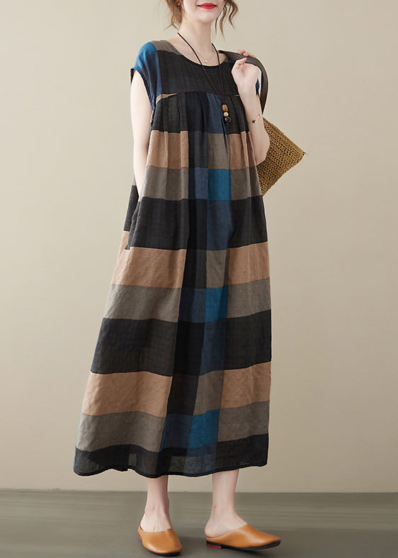 Loose Black Plaid O Neck Pockets Cotton Long Dresses Sleeveless