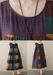 Loose Black Plaid O Neck Pockets Cotton Long Dresses Sleeveless