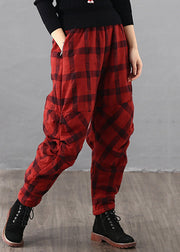 Loose Black Plaid Wrinkled Pockets Cotton Filled Pants Fall