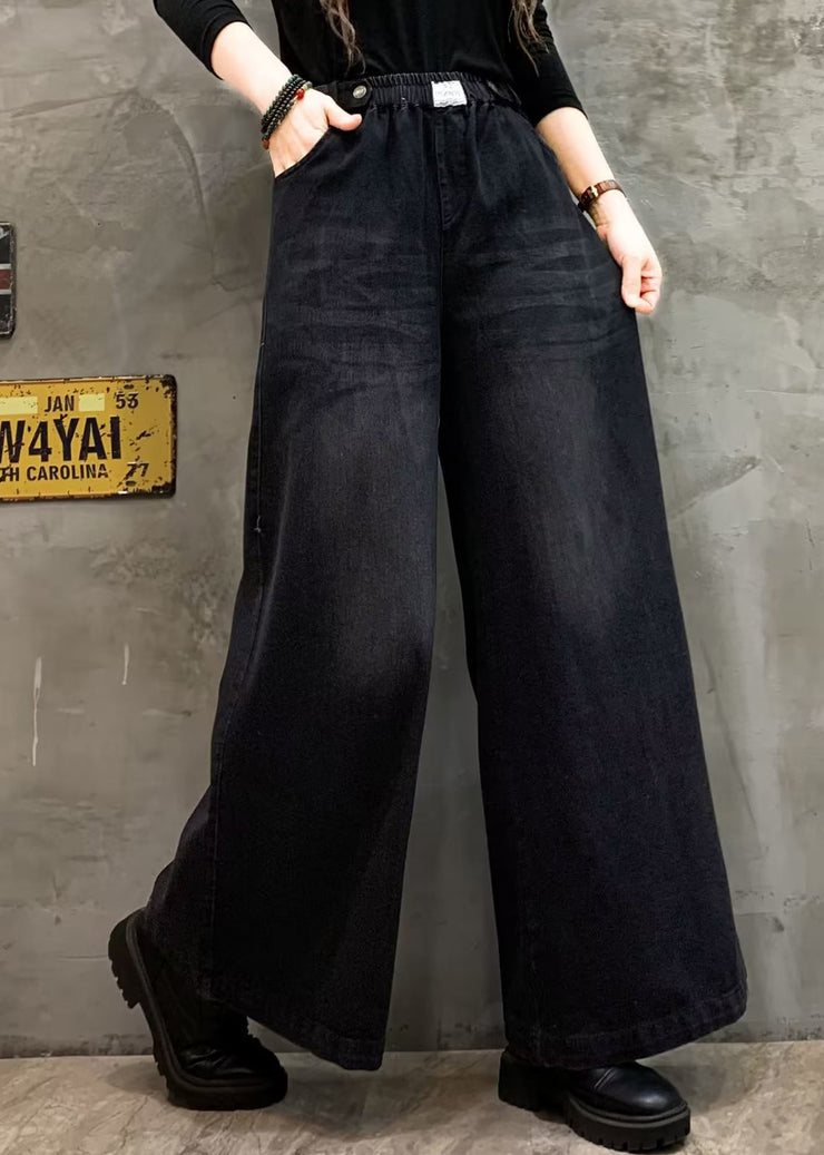 Loose Black Pockets Elastic Waist Denim Wide Leg Pants Fall