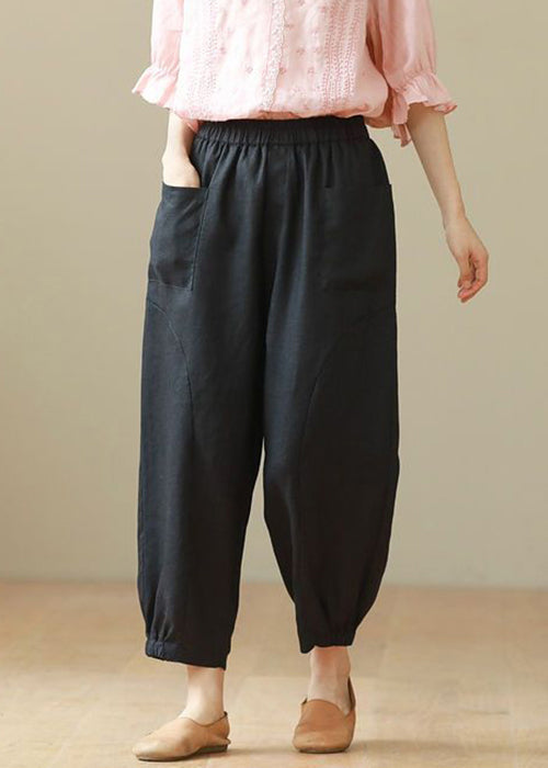 Loose Black Pockets High Waist Cotton Crop Pants