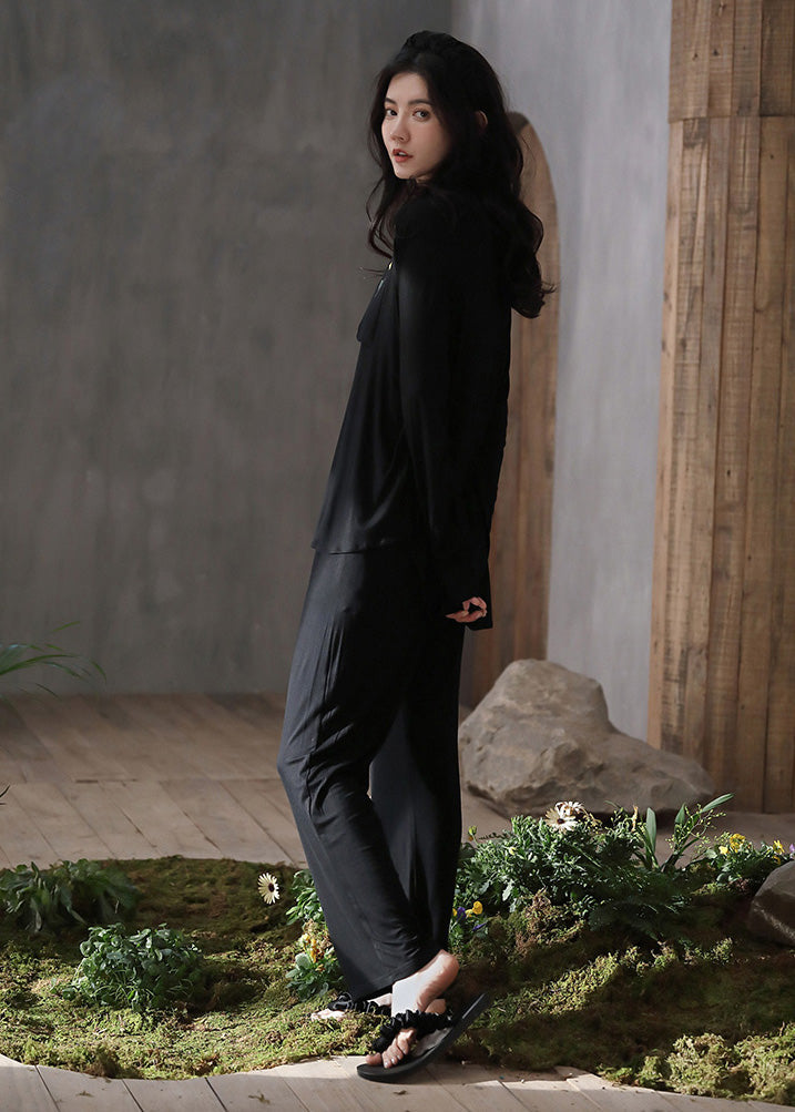 Loose Black Print Button Ice Silk Pajamas Two Pieces Set Spring